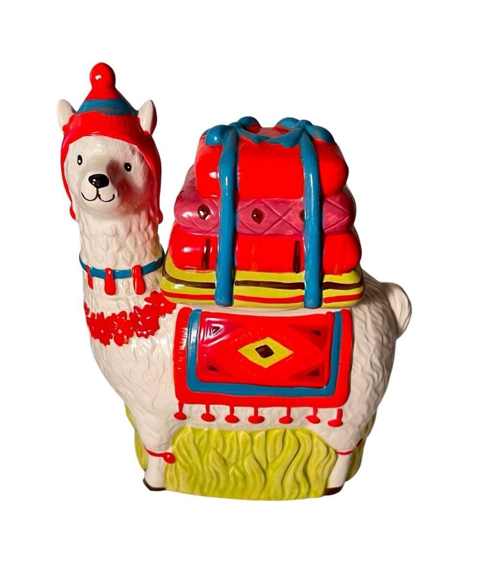 World Market Vibrant Llama Alpaca Cookie Jar Planter Carrying Presents 11” NWT